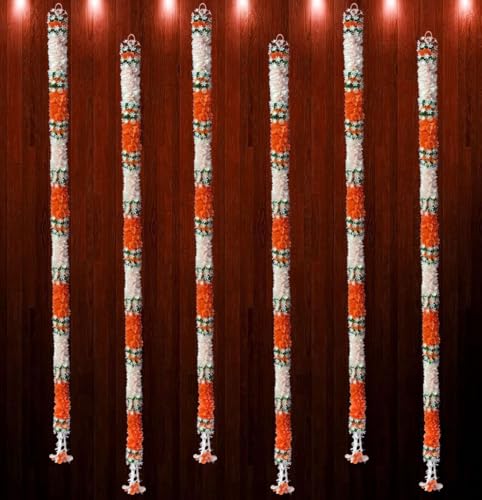 Image of Artificial White Gajra Jasmine & Colourful Flower Strings for Wedding Decorations, Event Decor Perfect for Diwali, Ganpati & Pooja /Temple /Mandir Decoration, 5ft (6, Orange - 5ft)