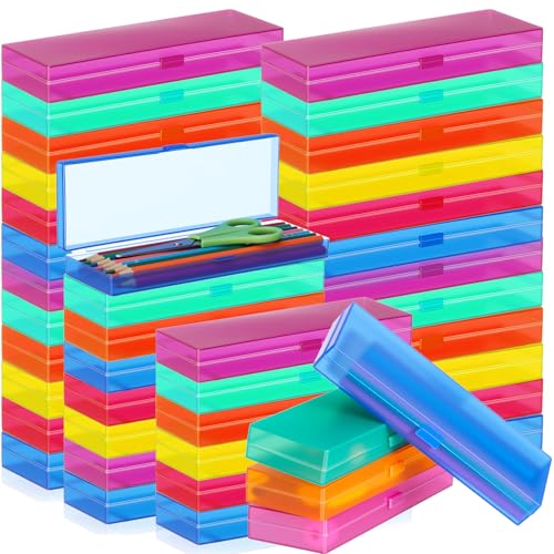Image of Fainne 80 Pieces Plastic Pencil Boxes Pencil Case Bulk Frosted Clear Multi Colored Pens Holder Stackable Container with Lid & Snap for Back to School Stationery Office Classroom(Candy Color)
