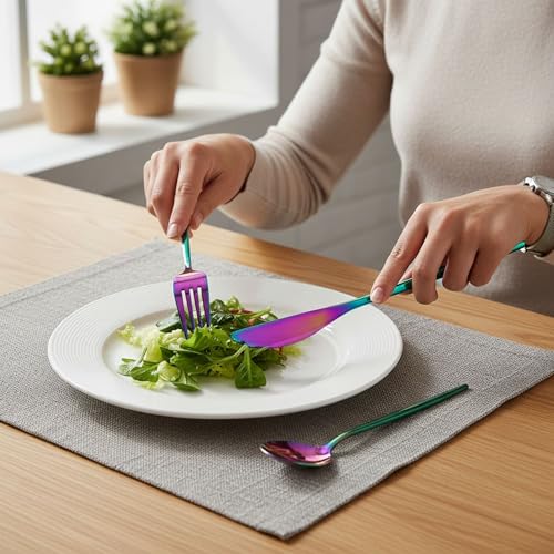 Image of Slim Handle Rainbow 25 Pcs Stainless Steel Cutlery Set for Dining Table, Dishwasher Safe Glossy Flatware (5 Spoon Set+5 Forks Set+5 Butter Knife+5 Dessert Spoon+5 Fruit Fork)