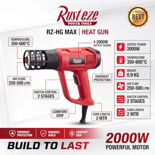 Image of Rusteze 2000W Heat Gun | Hot Air Gun with 2 Temperature Settings (350C /550C) | Heavy Duty Heat Blower for Paint Removal, Shrink Wrapping, PVC Pipe Bending, Crafts, DIY & Industrial Use