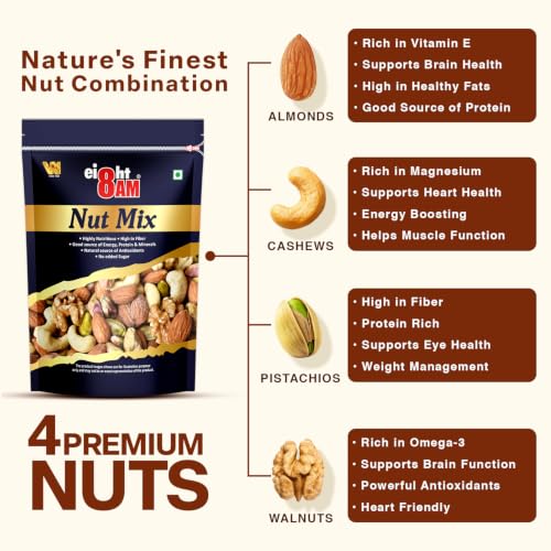 Image of 8AM Nut Mix Dry Fruits, 200gm | Made with Nutritious Ingredient Almonds, Cashews, Walnuts and Pistachios | Healthy and Tasty Snack, Rich Source of Zinc, Potassium and Iron, High Dietary Fibre