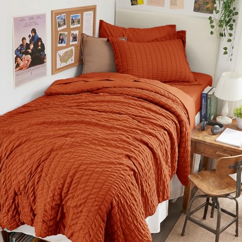 Image of HYMOKEGE Burnt Orange Twin Comforter Set Seersucker 5 Pieces, All Season Luxury Bed in a Bag for Bedroom, Bedding Set with Comforters, Sheets, Pillowcase & Sham