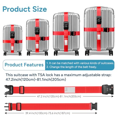 Image of Travel Inspira TSA Lock Luggage Straps for Suitcases | Anti-Burst Protection, High Visibility Color, Easy Identification | Adjustable Heavy-Duty Belt for 20-28 Inch Suitcases
