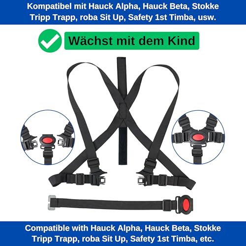 Hochstuhl Sicherheitsgurt, 1 Set, in Schwarz, kompatibel mit Hauck, Stokke Tripp Trapp, Roba, mitwachsender Kinderschutzgurt, 5 Punkt Gurtsystem Kinderhochstuhl, Kindersicherheitsgurt Stuhl Baby Tisch