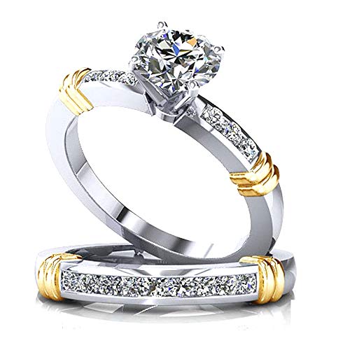 Ginger Lyne Collection Abigail Bridal Wedding Ring Set for Women Two Tone Engagement Ring Matching Anniversary Band Sterling SilverSolitaire Design Cubic Zirconia Jewelry for Ladies Size 7