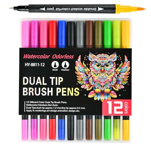 Dual Tip Markers for Adult Coloring Books No Bleeding – Gel Acrylic Paint (Fine & Brush) Pen for Sketching, Drawing, Rock Painting, Journaling, Non Bleed Art Marker Set for Kids/Teens. 12 Colors