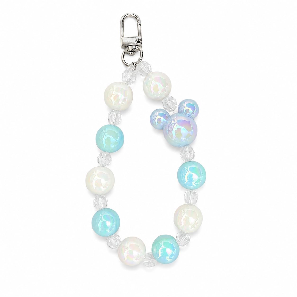 Beaded Phone Charm Blue & White with Mouse Ear Design | Iridescent Beads, Silver Swivel Clasp, Bag Accessory, Crystal Accent Beads, Whimsical Style-image-1