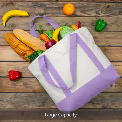 Image of TOPDesign 1-Pack Canvas Tote Bag with an External Pocket, Reusable Grocery Shopping Bag, Top Zipper Closure, Daily Essentials (Lavender /Natural)