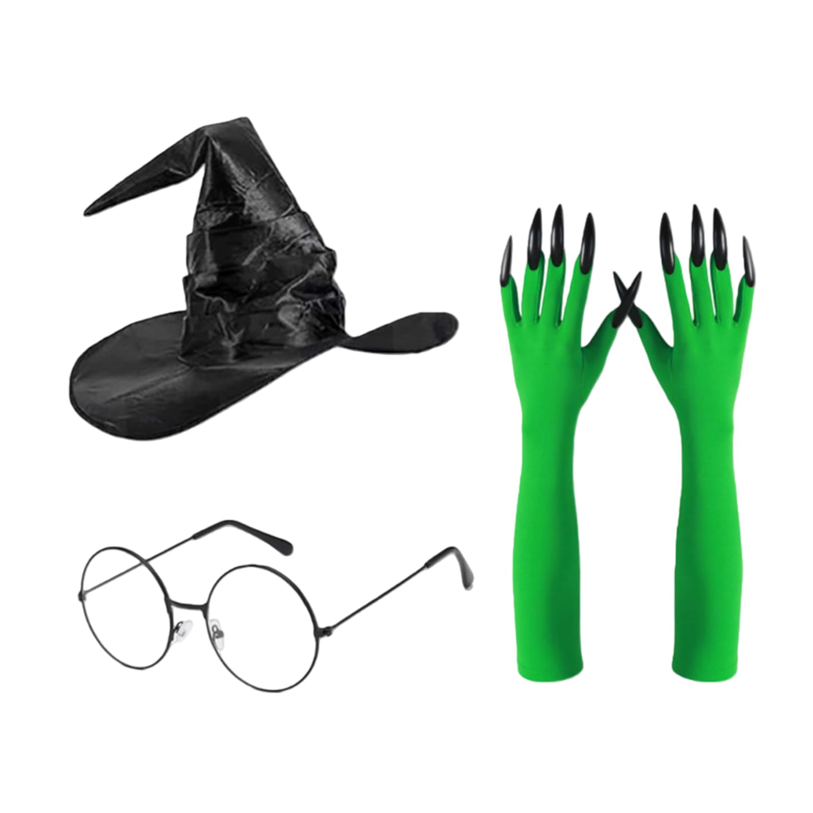 GWAWG 3pcs Witch Costume Accessories Set,Witches Hat, Elphaba Glasses, Green Gloves With Claws,for Adult Women for Cosplay Dress Up