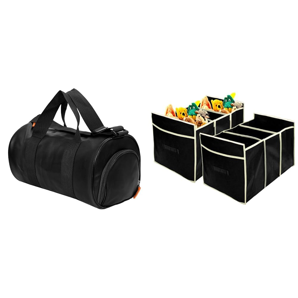 Leather Sports Fitness Gym Bag for Man | Gym Bag with Shoe Compartment & Adjustable + Collapsible Portable Heavy Duty Cargo Trunk Organizer with 3 Compartments (Black)-image-12