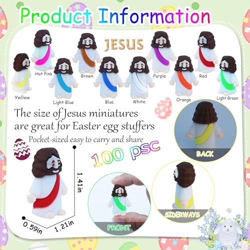 100 Pcs Little Jesus Figures Easter Mini Rubber Jesus Toys to Hide and Seek, Little Pocket Jesus Miniatures Religious Party Favors Baptism Gifts Sunday School Easter Egg Stuffers (10 Color*100)