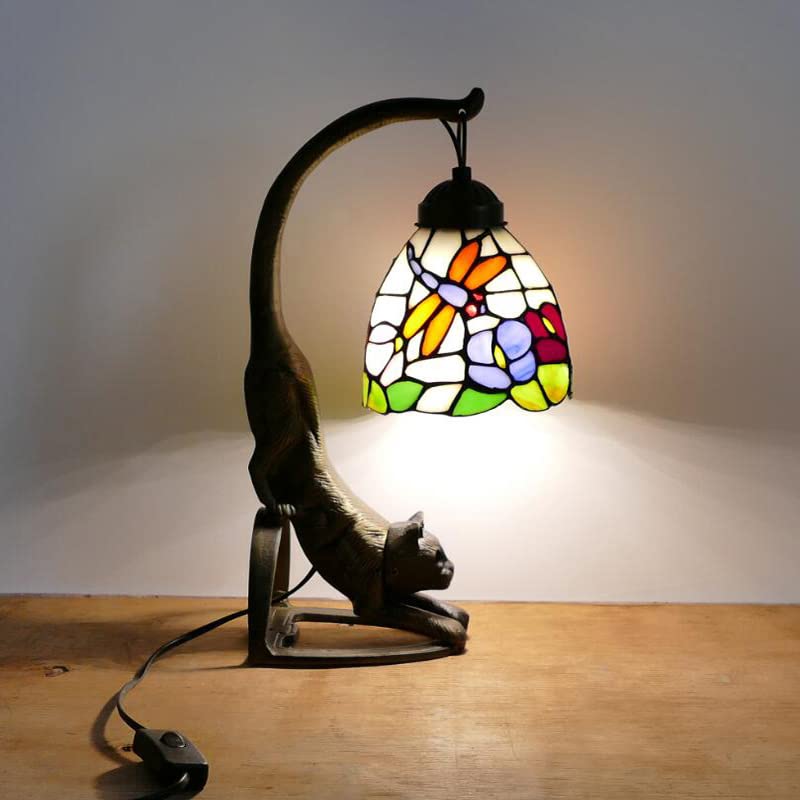 li@ Vintage Tiffany-Style Stained Glass Dragonfly Table Lamp with Cat Base,23×37cm,European Retro Art Bedside Lamp Desk Lamp