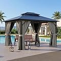 Breezestival 10'x12' Hardtop Gazebo Outdoor Permanent Gazebo with Double Polycarbonate Roof Canopy, Aluminum Frame Permanent Pavilion with Curtains and Netting for Patio,Garden,Lawns
