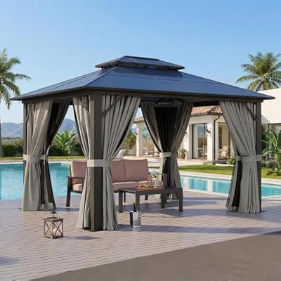 Breezestival 10'x12' Hardtop Gazebo Outdoor Permanent Gazebo with Double Polycarbonate Roof Canopy, Aluminum Frame Permanent Pavilion with Curtains and Netting for Patio,Garden,Lawns