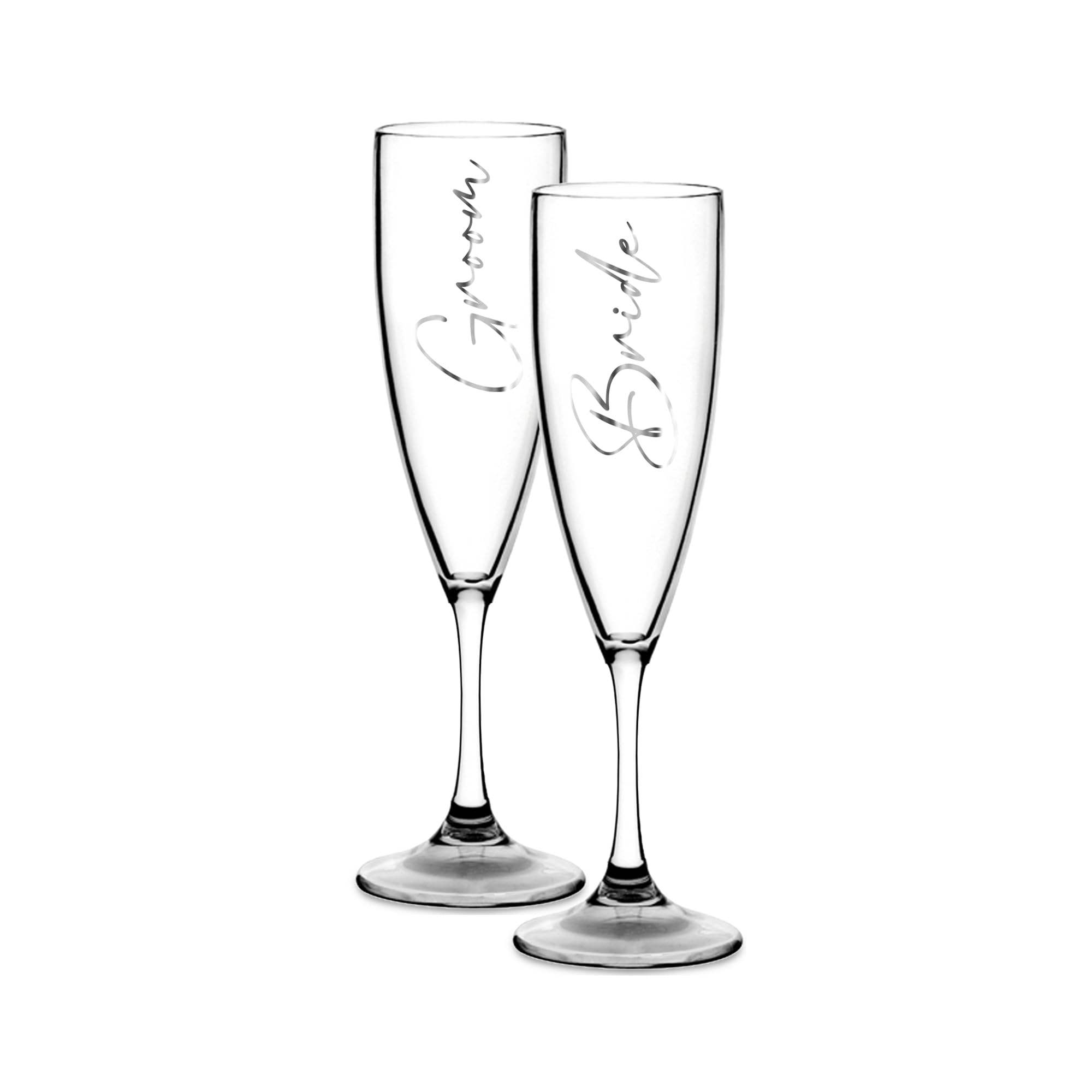 Print Maniacs Champagne Premium Clear Flute Glass Bride Groom Mr Mrs Wedding Maid Honour Wine Cocktail Prosecco Celebrations Gift (Silver, Bride + Groom Set)