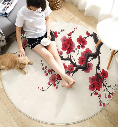 Tapis rond salon lavable rouge avec fleurs de prunier 120cm