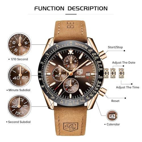 Image of BENYAR Mens Watch Chronograph Analog Quartz Movement Quartz Movement Sports Watch 30M Waterproof with Analog Date Watch Men Retro Street Style Men's Watch