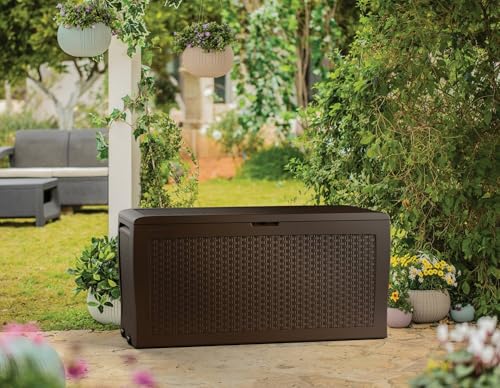 Dmora - Baúl de almacenamiento Exterior Torio, Cofre de jardín, Banco con almacenaje, Arcón para exteriores, 116x45 h57 cm, Marrón