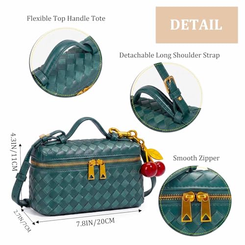 Image of Small Woven Box Crossbody Bags for Women Designer Leather Mini Top Handle Clutch Purse Square Vanity Bag with Cherry Charm