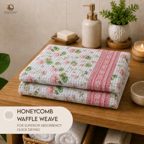 Image of Pure Cotton Printed Waffle Towel | Lightweight | Antimicrobial and Water Absorbent | Soft Touch Quick-Drying Bath Towel (Lotus Serene, Pack of 1)