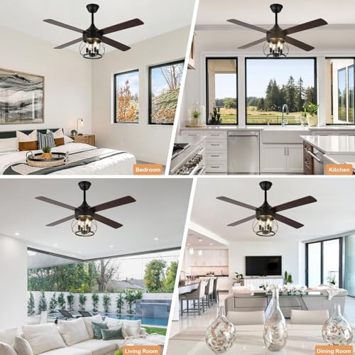 Image of Rustic Ceiling Fan with Lights and Remote, Large Farmhouse Ceiling Fan Caged Fandelier Chandelier, Reversible Quiet DC Motor 6 Speeds for Living Room (Black Caged, 52 Inch)