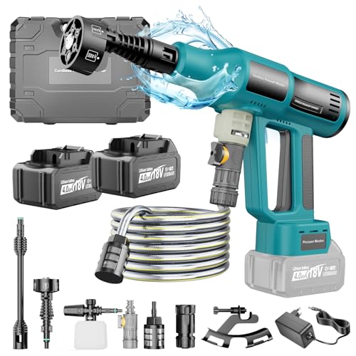 Yofuly Akku Hochdruckreiniger für Makita 18V Akkus, 2X 4000mAh Batterien Tragbarer Akku Druckreiniger, 4 Einstellstufen, 6-in-1Düse, Schaumsprüher, Filterkessel, 5M Schlauch | Auto Garten