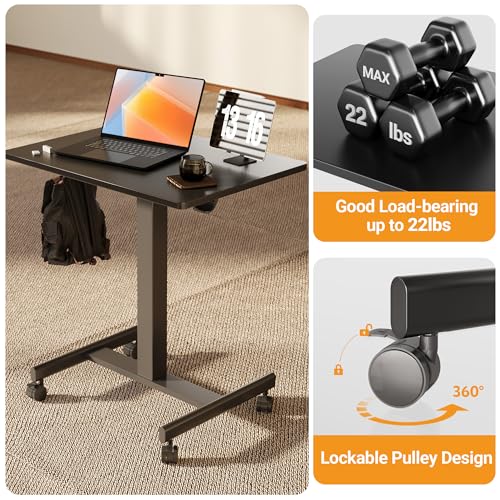 Image of YDN Mobile Mobile Standing Desk, Adjustable Height Portable Laptop Desk with Lockable Wheels, 25.5 inch x 18.8 inch Rolling Desk with Hook for Computer Workstation, Black