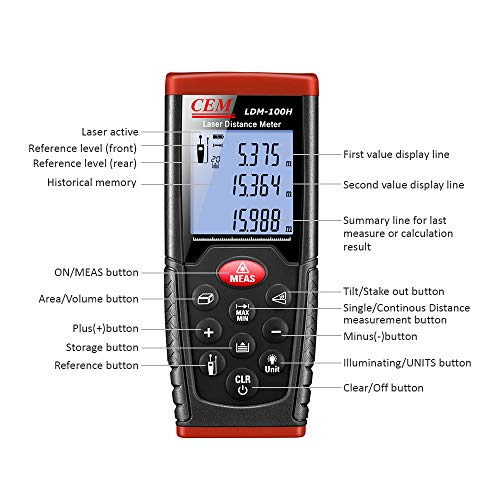 Cem Ldm-100H 330Ft 100M Outdoor Laser Distance Meter Laser Tape Measure With Lcd Backlight,Pythagorean Mode, Measure Distance, Area And Volume,Battery Included (330Ft/100M) #TOP1