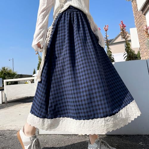 Long Plaid Skirts for Women Girls Cute Lace Eyelet Ruffle Hem Skirt Casual Elastic Waist Gingham Swing Midi Skirt4