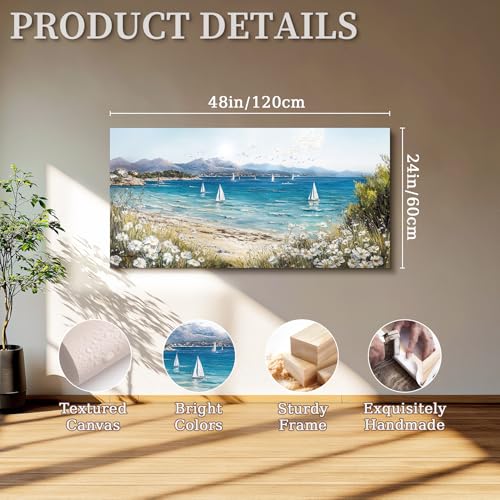 SERIMINO Coastal Landscape Large Wall Art, Beach Daisy Canvas Art Prints, Bay Sailboat Artwork for Walls, Nature Ocean Scenery Paintings Wall Decor Living Room Bedroom, Rustic Home Decor 24"X48"