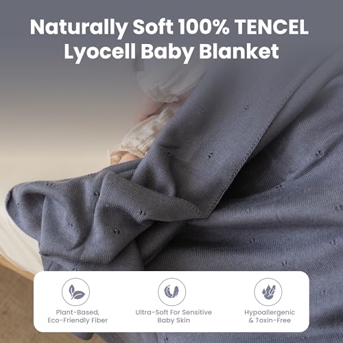 Image of Pointelle Double Layer 100% Tencel Baby Blanket - Breathable Temperature Regulating - Oeko-TEX Certified - 30x40 inch - Gift Box with Ribbon (Grey Blue)