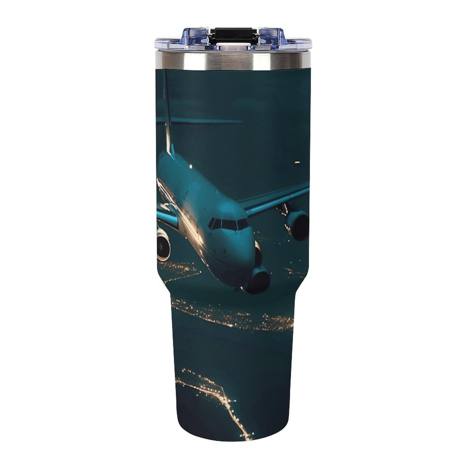 Autobecher aus 304 Edelstahl, 1,2 l, Flugzeug fliegt bei Nacht, Becher mit Strohhalm und auslaufsicherem Deckel – großes Fassungsvermögen, vakuumisolierter Reisebecher für Auto-Becherhalter