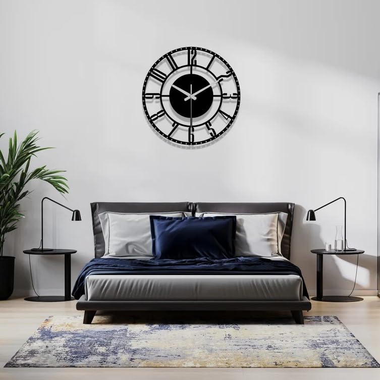 Image of Designer Metal Wall Clock for Living Room | Antique Stylish Fancy Decorative Big Size Wall Watch for Bedroom, Office, Kitchen, Dining, Hall and Decor (Black(ST-12), 50CM)