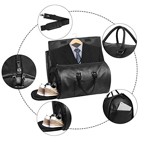 Carry On Garment Bag, Waterproof Mens Garment Bag for Travel Business, Large Leather Duffel Bag with Shoe Compartment -Black
