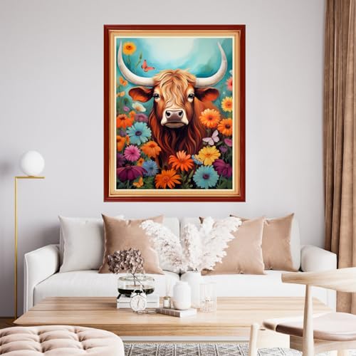 Image of Funchey Stamped Cross Stitch Kits, DIY Cross Stitch Pattern for Adults Beginners Needlepoint Kits Embroidery Kit Arts and Crafts 11CT&Colorful Flower Cow 16x20 inchs