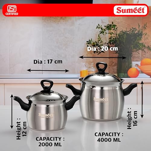 Image of Sumeet ISI Certified Stainless Steel Cook & Serve Pineapple Shape Handi /Cooking Pot with Steel Lid |Induction and Gas Compatible | Set of 2Pc - Capacity - 2000 & 4000ml -Dia - 17 & 20cm, Silver