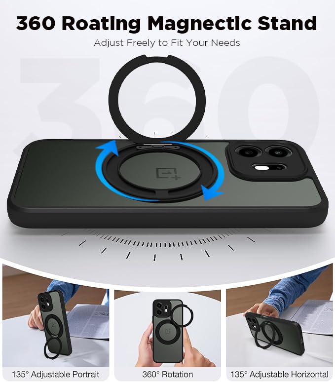 Image of RIGGEAR Shockproof Sleek Hybrid Armor 360 Rotating Magnetic Ring Stand Back Cover Case Compatible with MagSafe Accessories for OnePlus N6 5G (Clear PC + Black TPU Bumper)