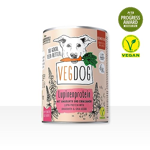 VEGDOG Sensitive hypoallergenes Nassfutter für Sensible Hunde (6 x 400 g) | Adulte Hunde| für ernährungssensible Vierbeiner, gut verdaulich | Alleinfutter für Allergiker mit Lupinenprotein