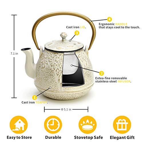 Cast Iron Tea Kettle, TOPTIER Japanese Cast Iron Tea Kettle with Infuser, Cast Iron Teapot Stovetop Safe, Leaf Design Tea Kettle Coated with Enameled Interior for 32 Ounce (950 ml), Warm Beige - Thumbnail 3