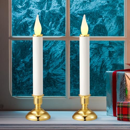 Image of Battery Operated LED Window Candles 9.7 Inch Tall with Automatically Timer 8 Hours On /16 Hours Off - Set of 6 Noble Flickering Flameless Candles and Golden Shine
