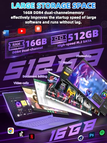Image of New 16 inch Purple Laptop,Ultra-Narrow Bezel 2.5K QHD IPS (2560x1600),Quad-Core N95 (3.4GHz),16GB RAM 512GB SSD,Color Backlit KB, Face Unlock,USB-C /HDMI /WiFi /BT,Win 11 Pro,for Business Study Entertainment
