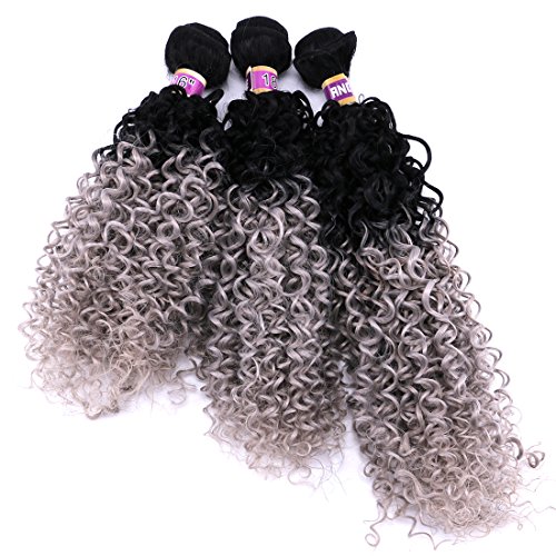 Kinky Curly Weave Hair Bundles Synthetic Hair Extension Ombre Color 16 18 20 Inches 3 Pieces Black and Silver Grey