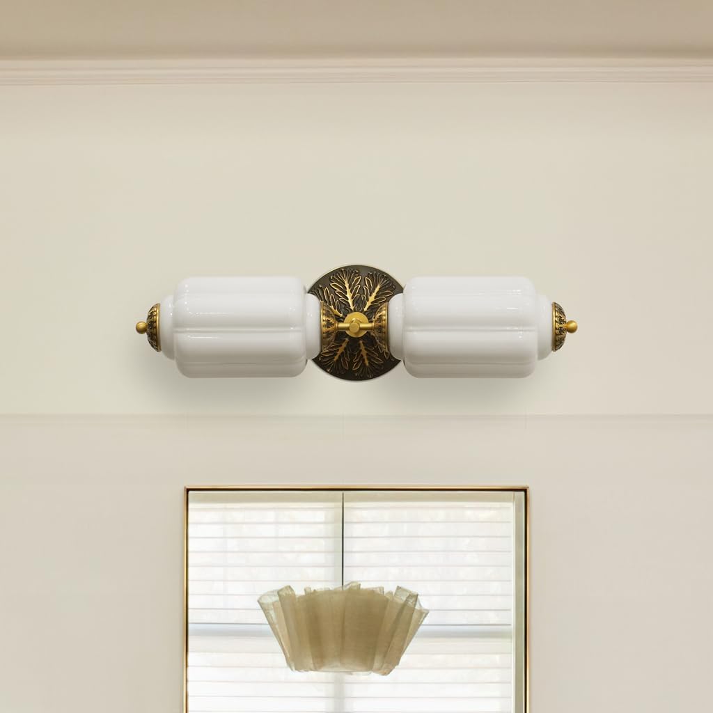 2-Lights Milk Glass Sconce, Bathroom Lighting Fixtures Over Mirror & Mid Century Modern Lamp for Bedroom, Dining Room, Entryway and Living Room.(‎7.5" H X 23" D)