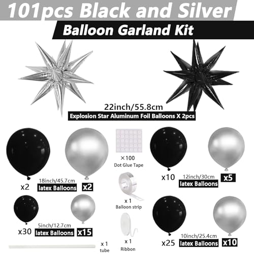 Image of Black and Sliver Balloons Arch Garland Kit, 5 10 12 18 inch Sliver Black Baloons with Explosion Star Ballons 101pcs Balloons for Anniversary Wedding New Year Birthday Party Decorations