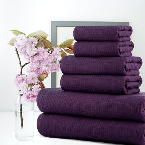 Image of Casa Copenhagen, Egyptian Cotton - Waffle Terry Towel 6 Piece Set, Includes 2 Bath Towels 2 Hand Towels 2 Washcloths - Dark Purple