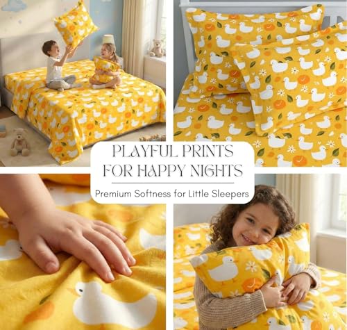 Image of RD FABS Glace Cotton Wrinkle Free Soft Hypoallergenic Elastic Fitted Cartoon Printed Bedsheets for Kids with 2 Pillow(Size,78 x 72 Inches(Fits up to 8 Inch),Yellow Duck),Double Bed,300 TC