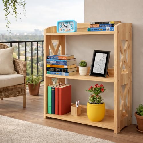 Image of Wooden 3 Tier Bookshelf, Small Wood Bookcase Storage Shelf, Open Shelf Organizer for Bedroom, Living Room and Office (Natural, 3 Tier)