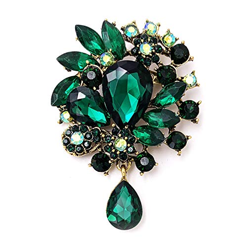 LAXPICOL Wedding Bridal Big Green Crystal Rhinestone Bouquet Teardrop Brooch Pin for Women Golden Tone