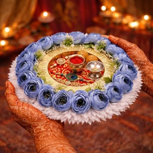 Image of SATYAM KRAFT 1 Pc Handcrafted Engagement Ring Holder Platter Round thali-Ideal for Rakhi, Ring Ceremony, Sagai,shaadi Decor,Marriage, Handmade Decorative Platter for Brides Maid (Blue)