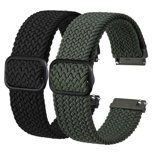 BISONSTRAP 2 Piezas Correas de Reloj de Nailon Trenzado, Hebilla Ajustable Mejorada, Correas Elásticas para Hombre y Mujer, 20mm, Negro+Verde Militar